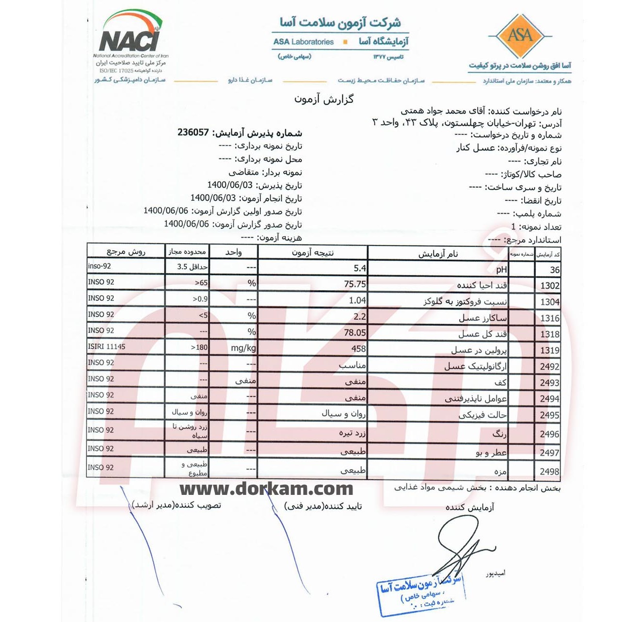 برگه آزمایش عسل کنار